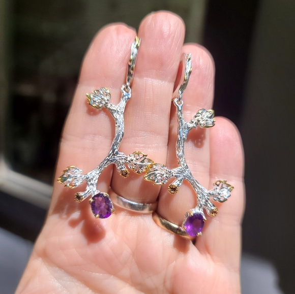 Natural Kharma by Avelon Jewelry - Amethyst & Sapphire floral sterling & gold dramatic earrings